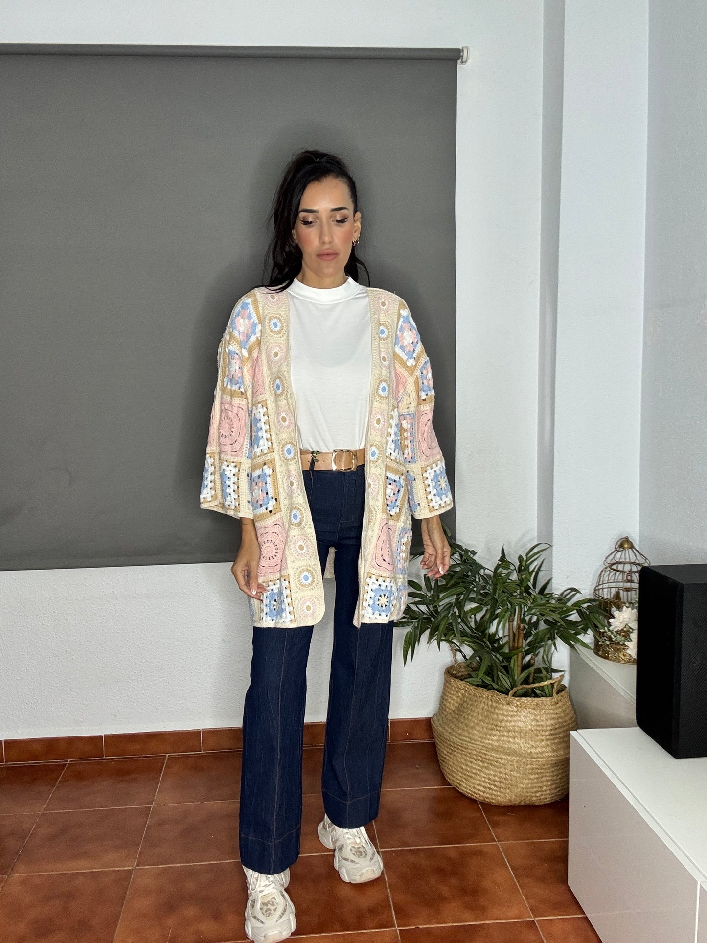 Cardigan crochet rosa/celeste