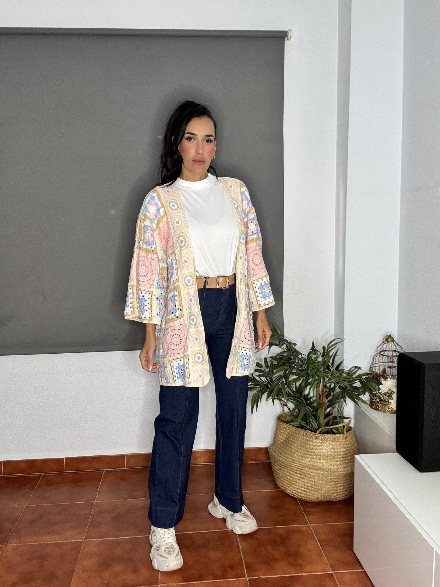 Cardigan crochet rosa/celeste